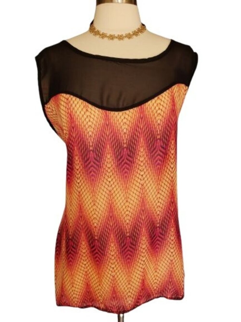 PInc Womens 2X Sleeveless Top  Vibrant Chevron Black Sheer High Low Y2K Boho